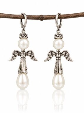 Angel Pearl Drop Earrings, Silver Celestial Dangles, Romantic Cottagecore